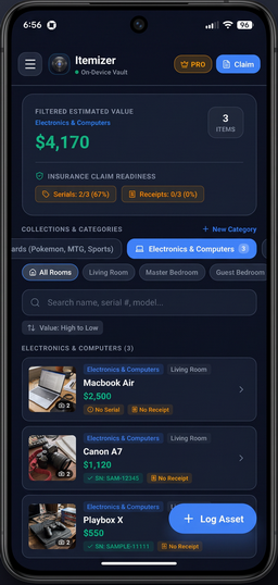 Itemizer Personal Inventory Mobile App Interface